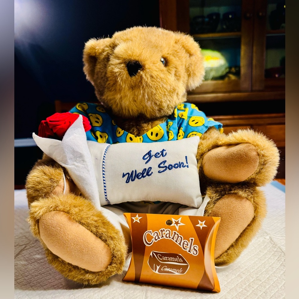 Get Well Soon Vermont Teddy Bear with pajamas, roses, a pillow and caramel candy